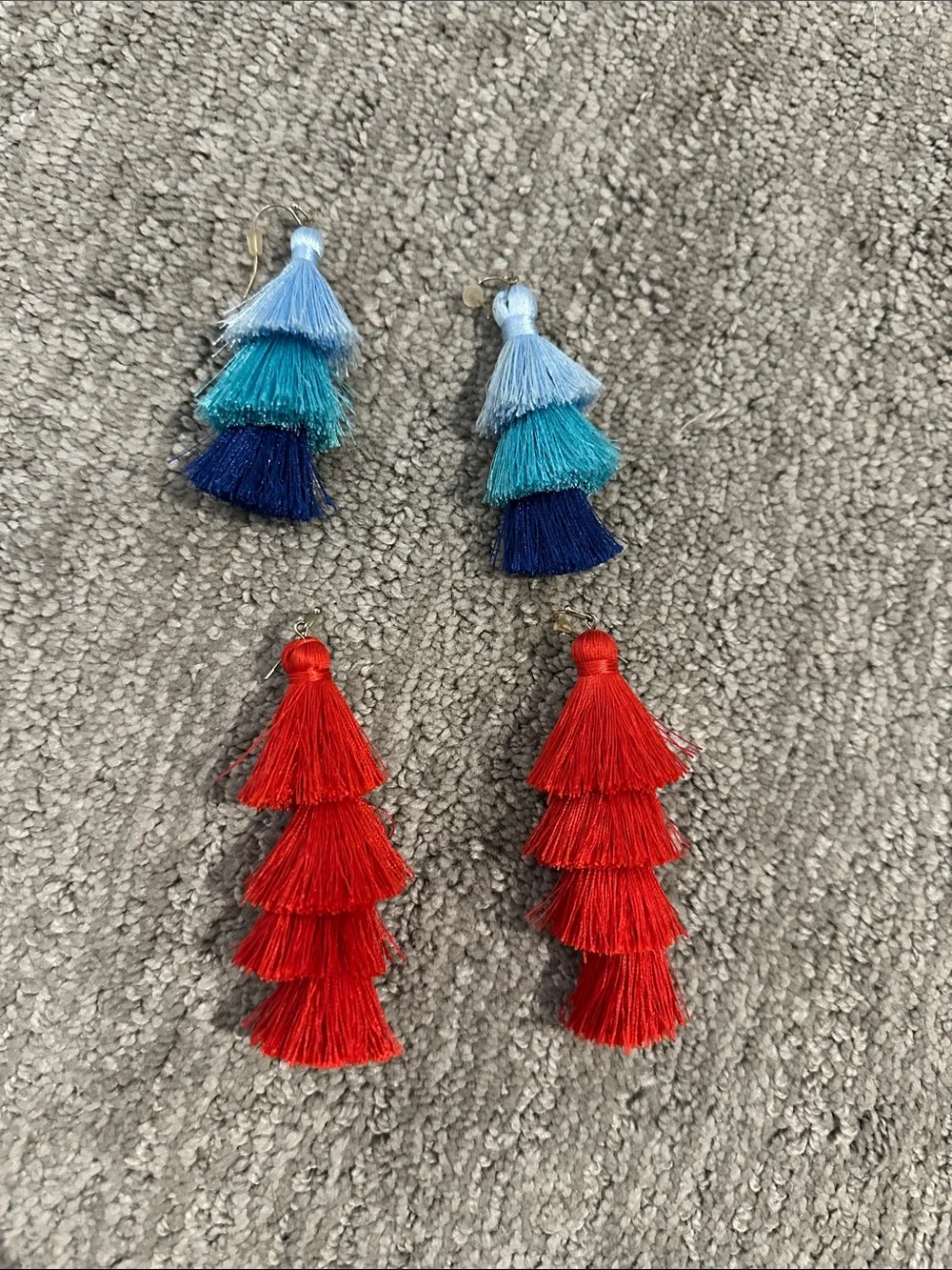 Layered Tassel Drop Earrings - Red / Blue
